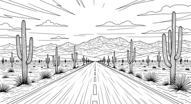 Desert highway with saguaro cacti in line art style