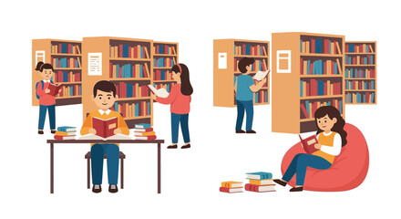Children reading books in a library with bookshelves and beanbag chair. © Riyna