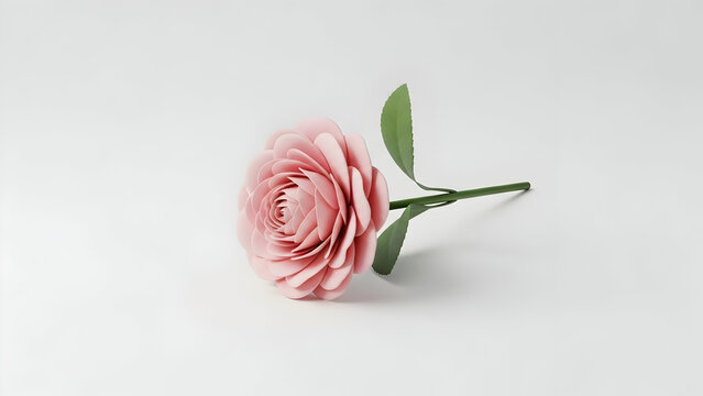 Delicate Pink Camellia Rose with Green Stem and Leaves