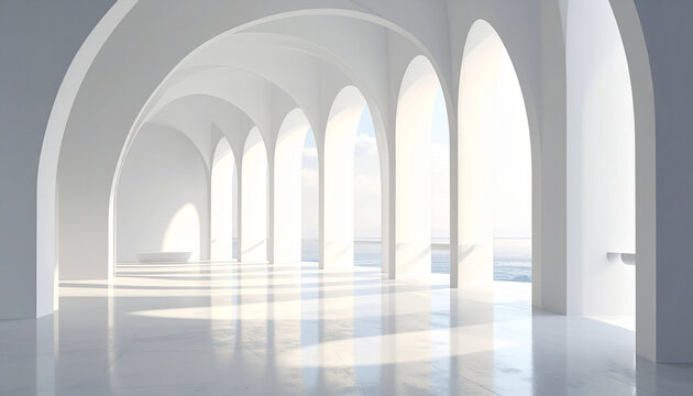 Minimal White Arch Hallway Architecture