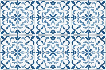 Fototapeta premium Decorative ceramic tile pattern featuring intricate floral designs in blue and white, arranged in a symmetrical layout suitable for various interior applications