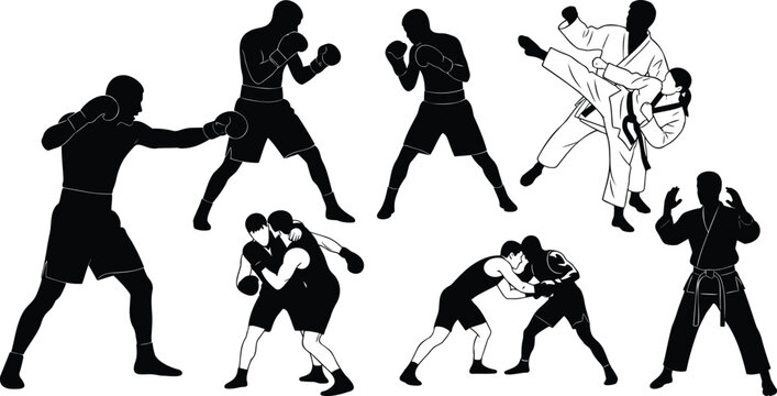 Set of fighting sports silhouettes featuring boxing wrestling martial arts line art vector.