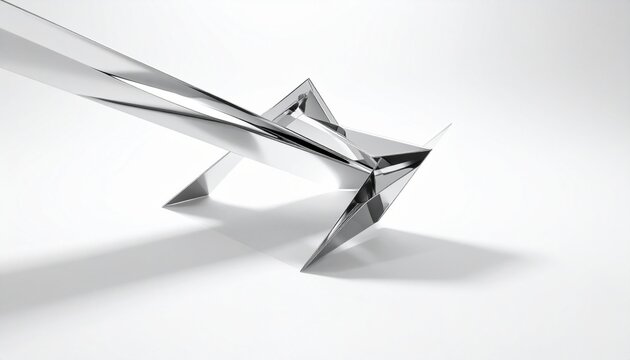 Reflective metallic geometric sculpture with angular polygonal surfaces on white background
