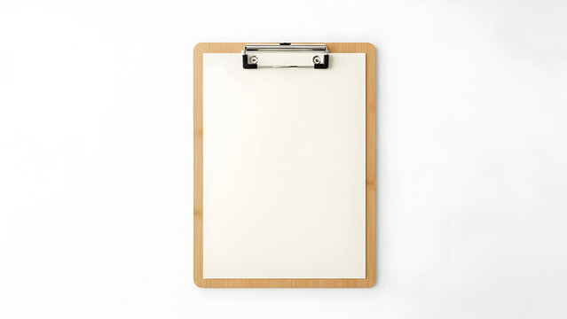 Clipboard with Blank Paper and Metal Clip on White Background