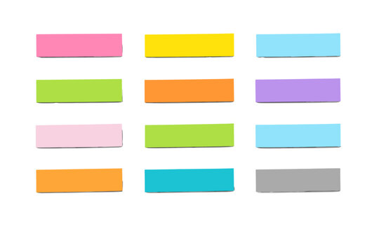 Colorful Sticky Note Strips Set Isolated on Transparent Background. Post Paper Memo Stickers with Shadows for Office and School Supplies. Vector Illustration of Blank Rectangular Page Markers.
