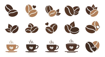 Obraz premium A delightful collection of minimalist coffee bean and hot beverage cup icons, perfect for illustrating cafes, morning rituals, or warm, inviting drink themes with a cozy feel