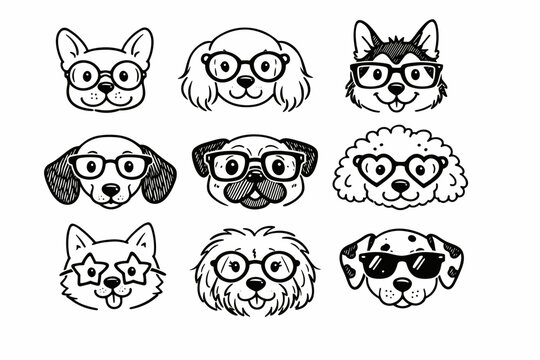 Cute Dog Faces with Glasses Line Icon Set in Doodle Style, Hand Drawn Canine Characters Wearing Eyewear Outline, Funny Puppy Portraits with Spectacles and Sunglasses, Vector Animal Illustrations
