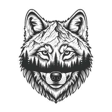 Black and white wolf head illustration.
