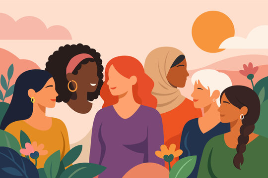 International Women's Day flat vector illustration featuring a diverse group of empowered women of different ethnicities and cultures standing together in a beautiful outdoor landscape.