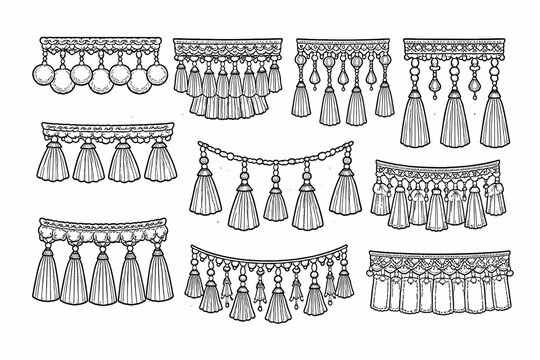 Decorative tassel and fringe collection in line art style featuring pompoms, beads, and lace trims. Vintage vector set of hanging ornaments for curtains, upholstery, and home decor accents.