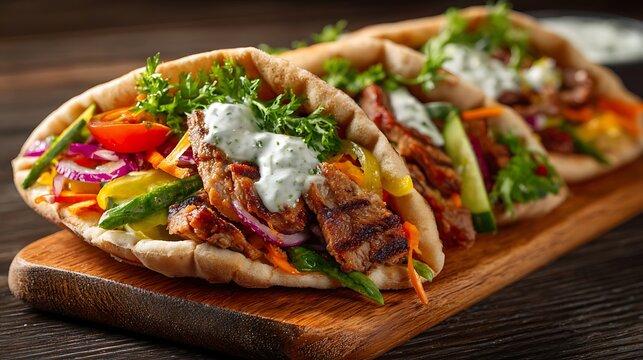Awesome photo of delicious grilled beef gyro wraps with fresh vegetables and tzatziki sauce on a wooden board.