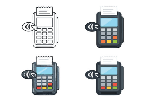 POS terminal payment device icon set featuring four distinct illustration styles: simple outline, flat color, textured grunge, and clean vector designs for contactless credit card transactions.