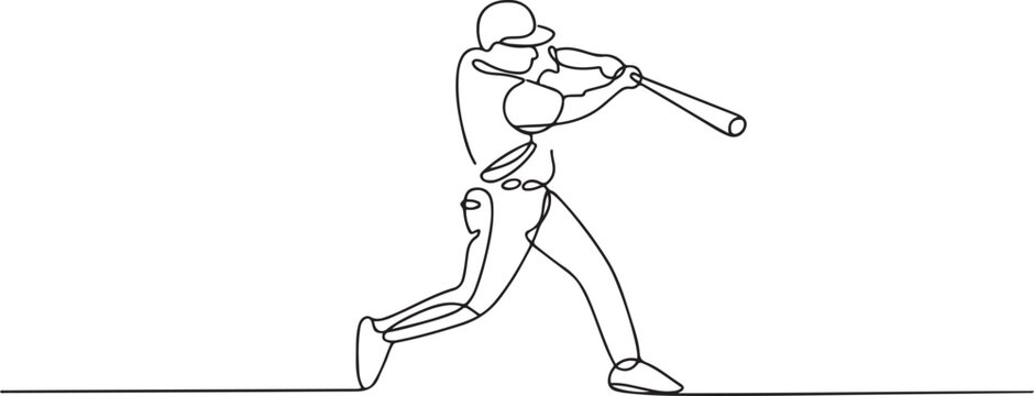 continuous one line drawing of a baseball player swinging a bat. Single line art. Editable stroke