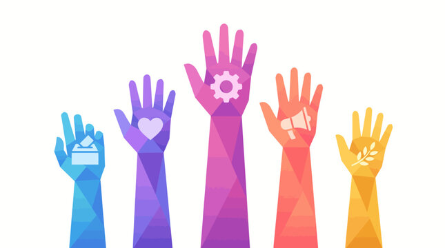 Colorful raised hands in gradient hues symbolizing unity, participation, and teamwork in a diverse group