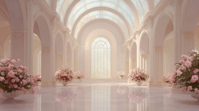 Luxury palace interior with a glass ceiling, pink walls and arrangements of pink roses in vases. Wedding background. Classic castle interior