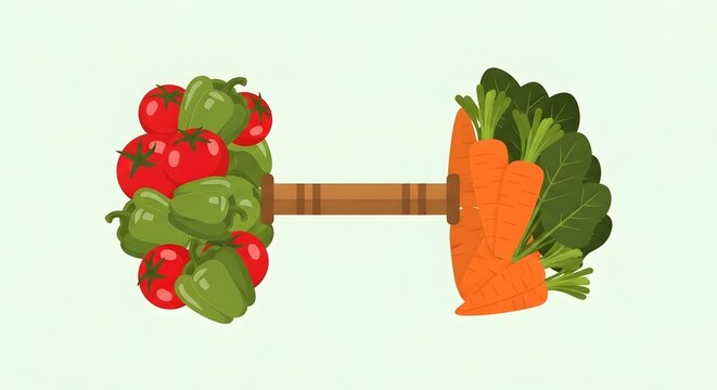 Dumbbell made of vibrant vegetables tomatoes, bell peppers, carrots, and spinach, symbolizing strength and health from nutritious food choices
