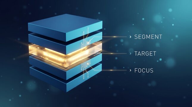 Cube structure with glowing golden inner layers displays abstract data segments representing targeted strategic planning and the focused core of corporate organizational intelligence workflows.