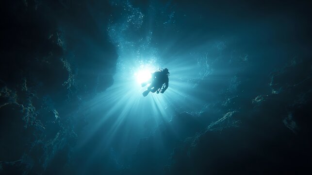 Awesome photo of silhouette of a scuba diver exploring a deep blue underwater cave with sunbeams.