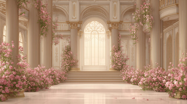 Luxury Palace Interior with a large window, pastel walls, columns and floral arrangements of pink roses in vases. Wedding background. Classic castle or church interior