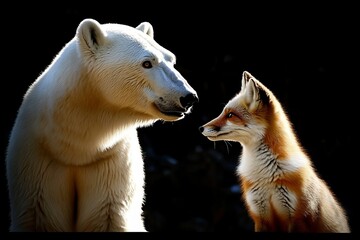 Fototapeta premium Arctic Wildlife Encounter Polar Bear and Arctic Fox Sharing a Moment of Mutual Respect in Nature
