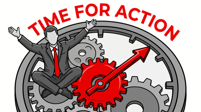 Time for Action: businessperson running inside gears, symbolizing urgency, productivity, and decisive action