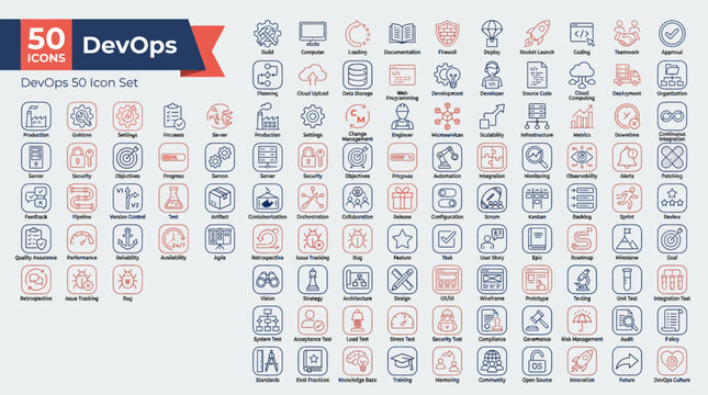 DevOps icons and illustrations set: a colorful, comprehensive grid of cloud, CI/CD pipelines, containers, Kubernetes, monitoring, security, and collaboration concepts.