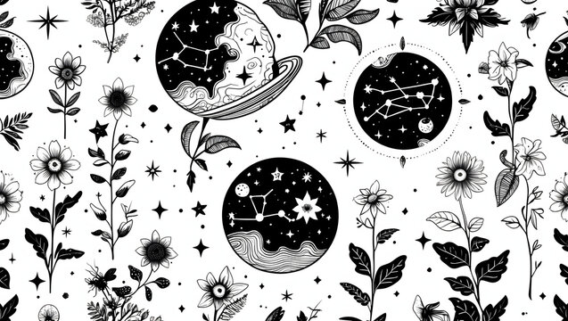 Mystical celestial seamless pattern with constellations and flowers. Black and white botanical background with stars and planets.