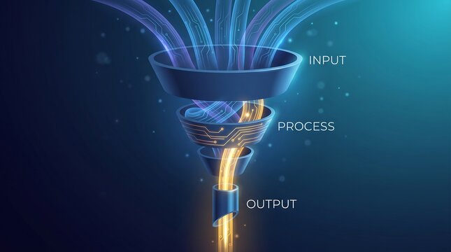 Funnel graphic represents the systematic progression of data from raw input through technical processing to generate highly optimized and valuable output for complex digital management operations.