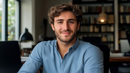 Obraz premium Confident young professional man with charming smile working in modern office with natural light