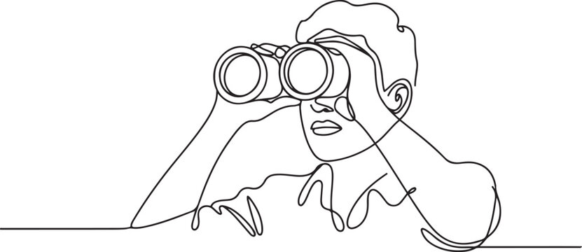 Continuous one line drawing tourist man looking through big binoculars far ahead. Young gentleman is traveling with field glasses. one line Art icon drawing vector