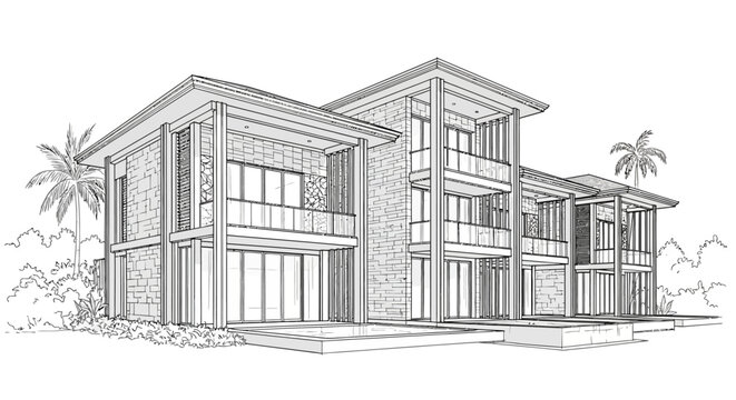 Architectural drawing of a modern luxury home, featuring a spacious backyard, refreshing swimming pool, comfortable lounge areas, and elegant outdoor living spaces