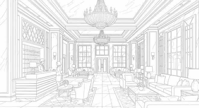 Line art drawing of luxury hotel lobby with reception desk