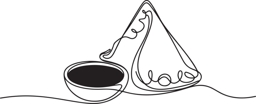 Continuous one line of samosa with chutney, representing bold spices and textures. Single line art. Editable stroke