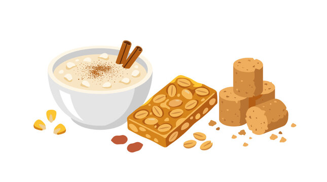 A bowl of creamy rice pudding with cinnamon sticks sits with peanut brittle and pa&ccedil;oca candies.