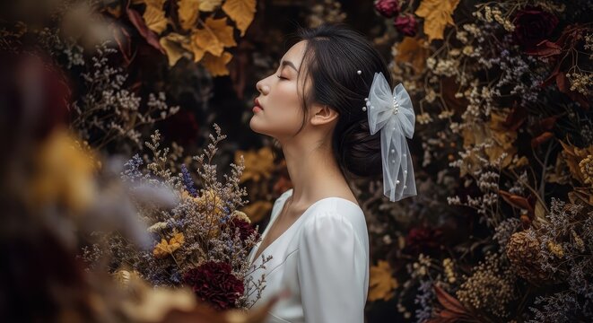 Young woman with an elegant hair bow poses amidst a backdrop of dried autumn flowers.