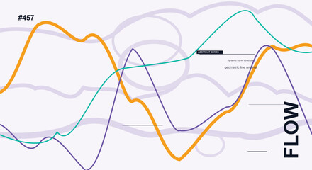 Colorful abstract flow lines with overlapping waves and typography emphasizing movement and direction. © masuk stock