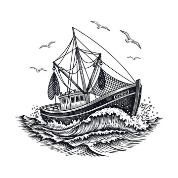 Fishing boat on the ocean waves.