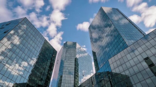 Low Angle View of Modern Glass Skyscrapers Reflecting a Blue Sky with Motion Blurred Clouds