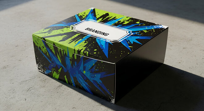 "Street food takeaway box, urban design style, bold color, grunge texture, branding space, realistic lighting