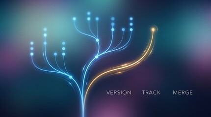 Fototapeta premium Data tree structure displays a glowing digital branching system that illustrates the complex workflows of version control, automated tracking, and the seamless merging of project software files.