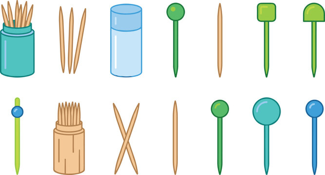 Vector Set of Toothpicks in Various Containers, With Colorful Toppers and Different Designs