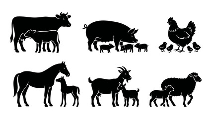 Fototapeta premium Farm Animals Silhouettes with Babies, Cow Pig Chicken Horse Goat Sheep Collection, Vector Icons Set for Agriculture and Livestock Icons, Isolated Black Shapes on White Background for Branding Designs