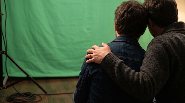 young couple embracing in studio with green screen background for video production