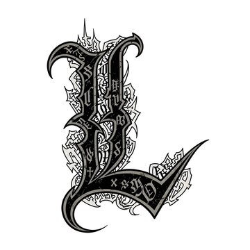 Gothic letter L typography design with intricate abstract patterns in black and white style