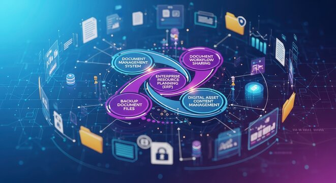 Enterprise Resource Planning ERP and Document Management System concept illustration featuring digital asset content management, backup files and workflow sharing in a futuristic interface
