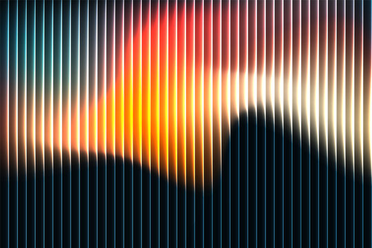 Abstract neon sunset gradient wave with glowing vertical light lines, vibrant orange teal blue luminous stripes, futuristic digital background texture for modern design