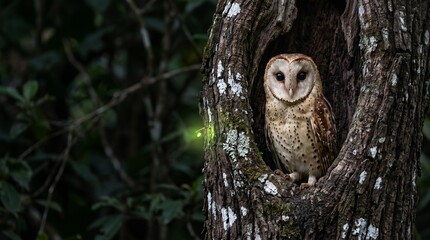 Fototapeta premium Owl Perched in Tree Hollow