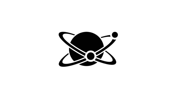 Minimalist black atom icon with orbiting electrons on white background