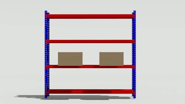 3D animation of an industrial warehouse shelving unit with blue posts and red beams, featuring two cardboard boxes on one shelf. Perfect for logistics, inventory, and storage concepts.