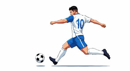 Obraz premium An energetic soccer player in a blue and white uniform kicking a soccer ball with power and precision